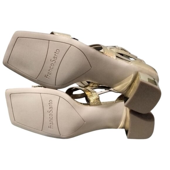 Franco Sarto Size 7.5M Gladiator Sandals Gold Strappy Chunky Heels Back Zipper - Picture 8 of 8
